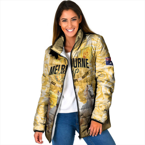 Personalised Melbourne 2026 Cup Padded Jacket Yellow Rose Horse Racing