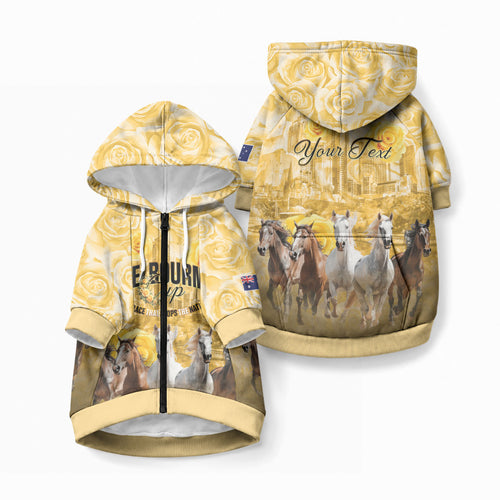 Personalised Melbourne 2026 Cup Pet Hoodie Yellow Rose Horse Racing