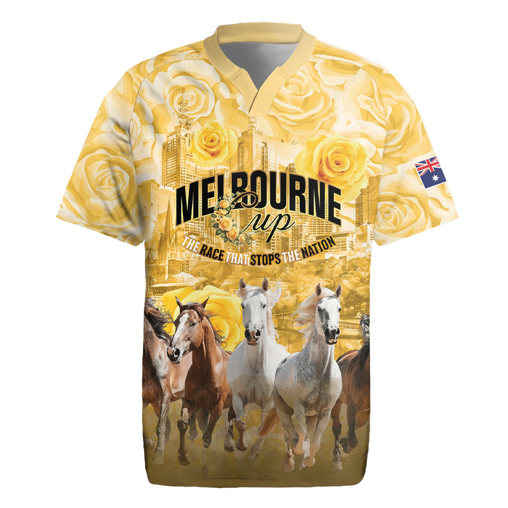 Personalised Melbourne 2026 Cup Rugby Jersey Yellow Rose Horse Racing