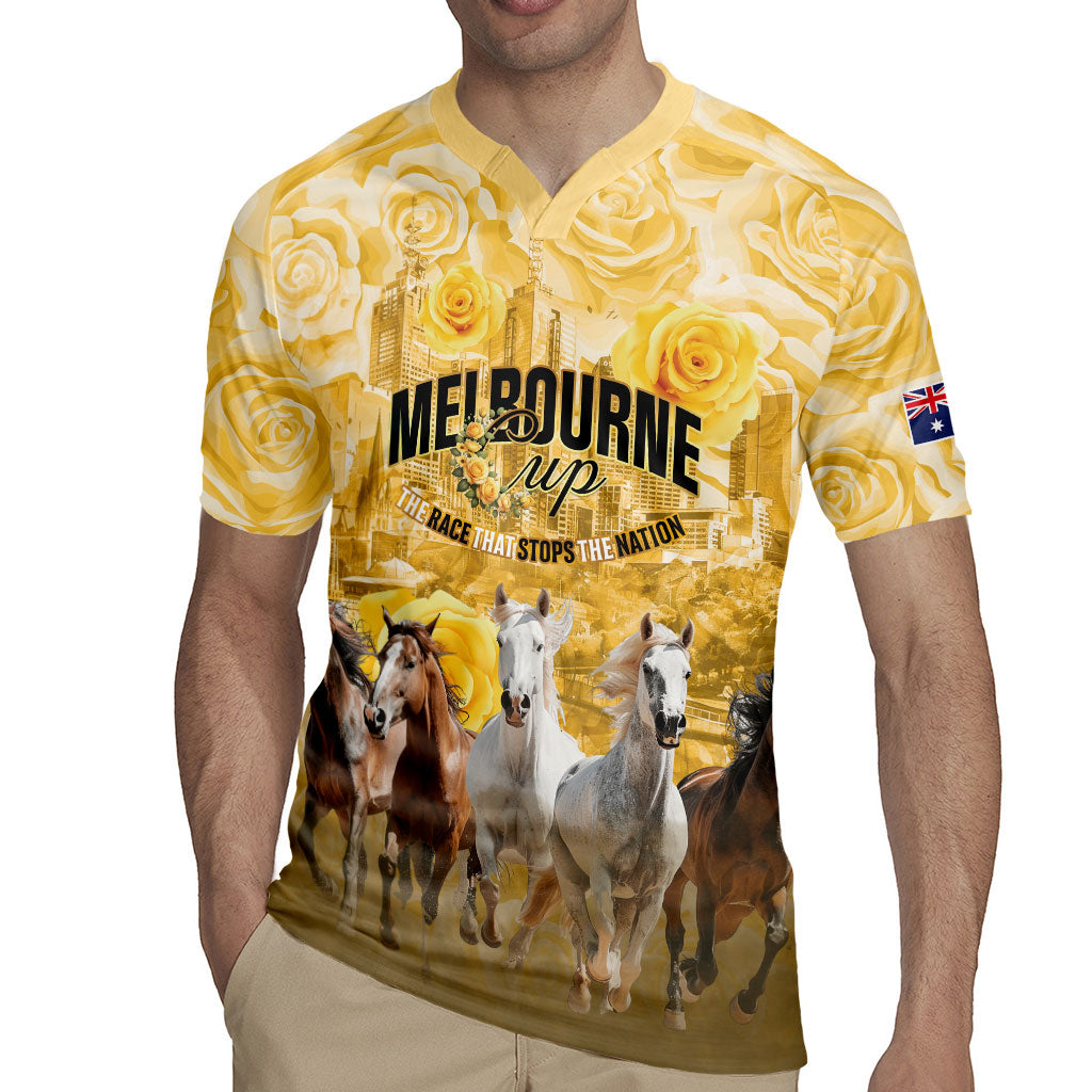Personalised Melbourne 2026 Cup Rugby Jersey Yellow Rose Horse Racing