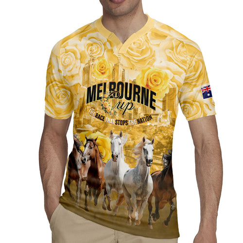 Personalised Melbourne 2026 Cup Rugby Jersey Yellow Rose Horse Racing