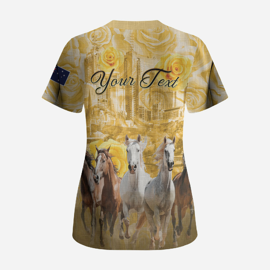 Personalised Melbourne 2026 Cup Scrub Top Yellow Rose Horse Racing