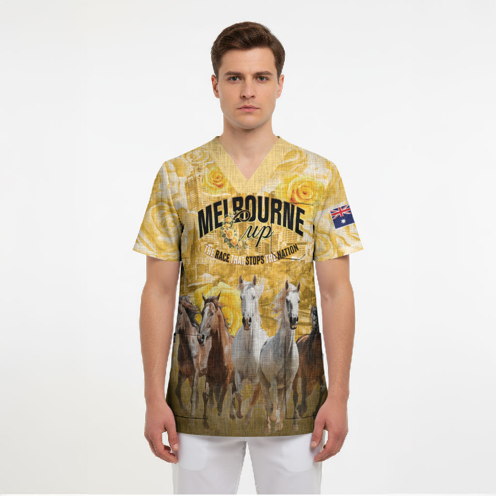 Personalised Melbourne 2026 Cup Scrub Top Yellow Rose Horse Racing