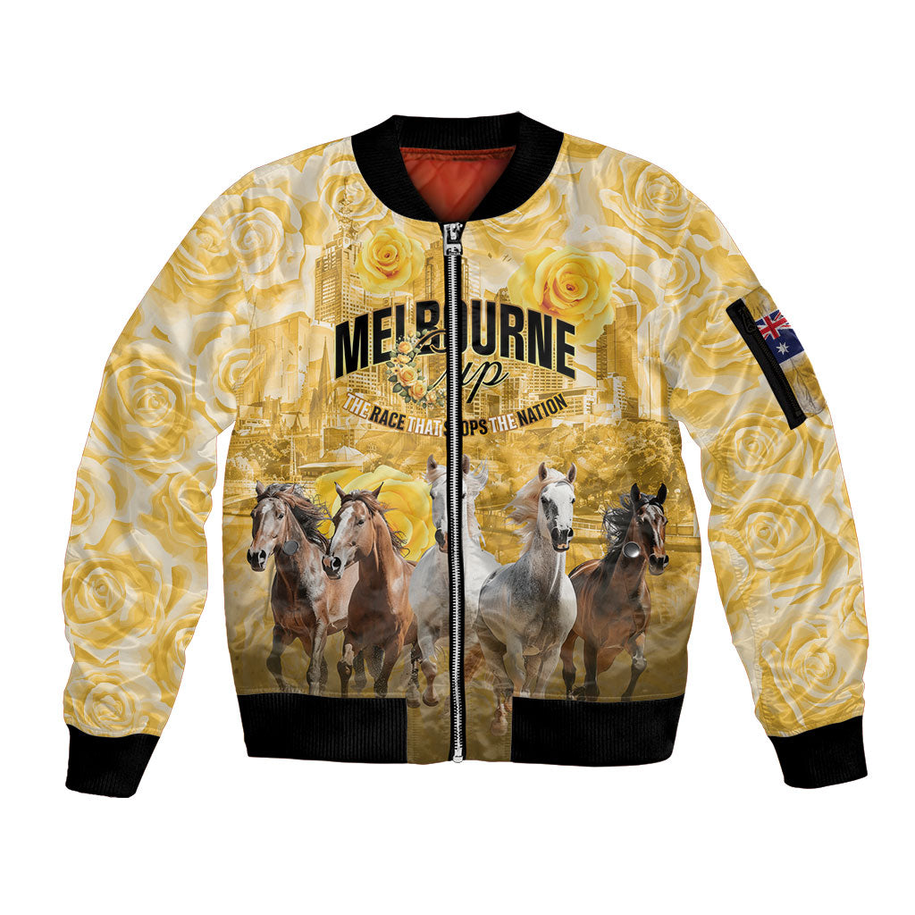 Personalised Melbourne 2026 Cup Sleeve Zip Bomber Jacket Yellow Rose Horse Racing