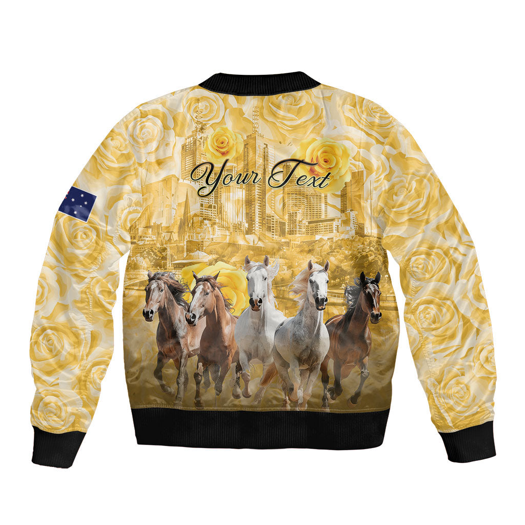 Personalised Melbourne 2026 Cup Sleeve Zip Bomber Jacket Yellow Rose Horse Racing
