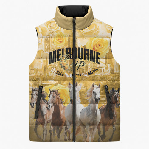Personalised Melbourne 2026 Cup Sleeveless Puffer Jacket Yellow Rose Horse Racing