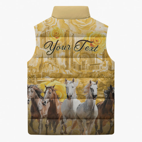 Personalised Melbourne 2026 Cup Sleeveless Puffer Jacket Yellow Rose Horse Racing