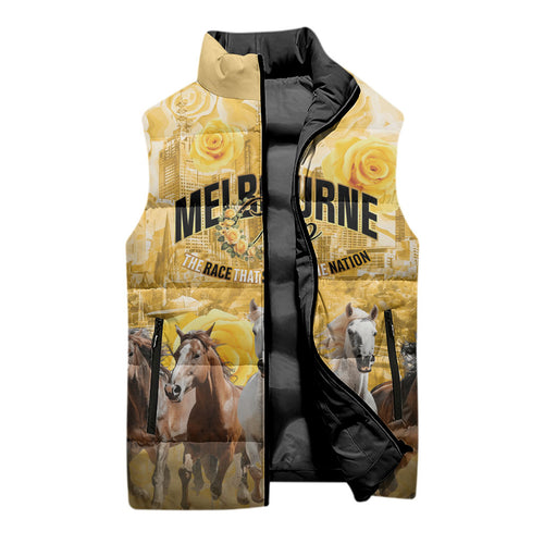 Personalised Melbourne 2026 Cup Sleeveless Puffer Jacket Yellow Rose Horse Racing