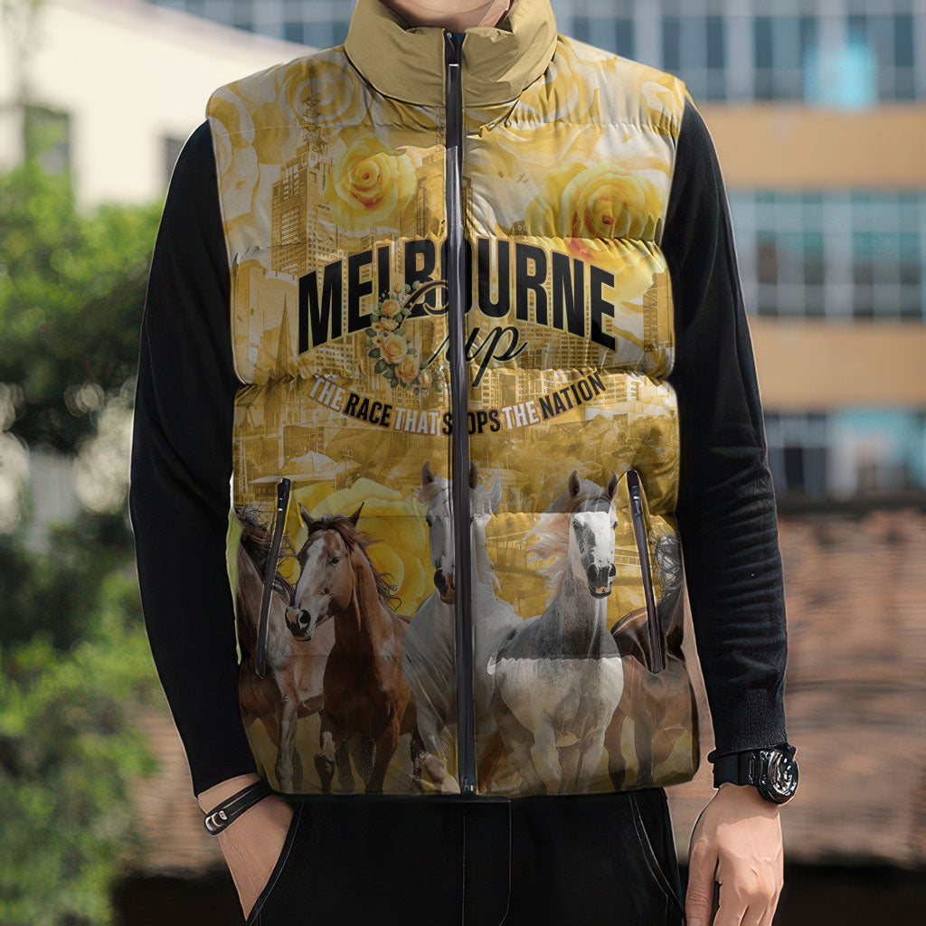 Personalised Melbourne 2026 Cup Sleeveless Puffer Jacket Yellow Rose Horse Racing