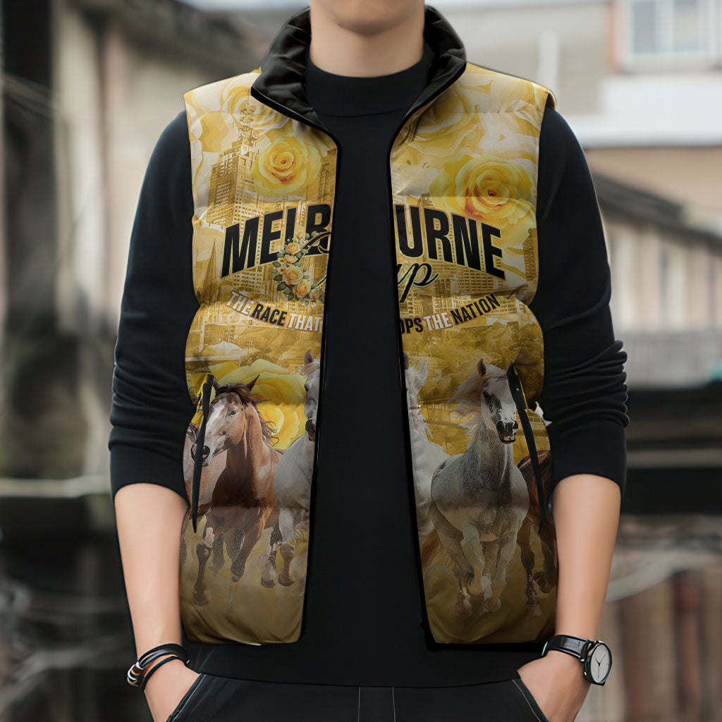 Personalised Melbourne 2026 Cup Sleeveless Puffer Jacket Yellow Rose Horse Racing
