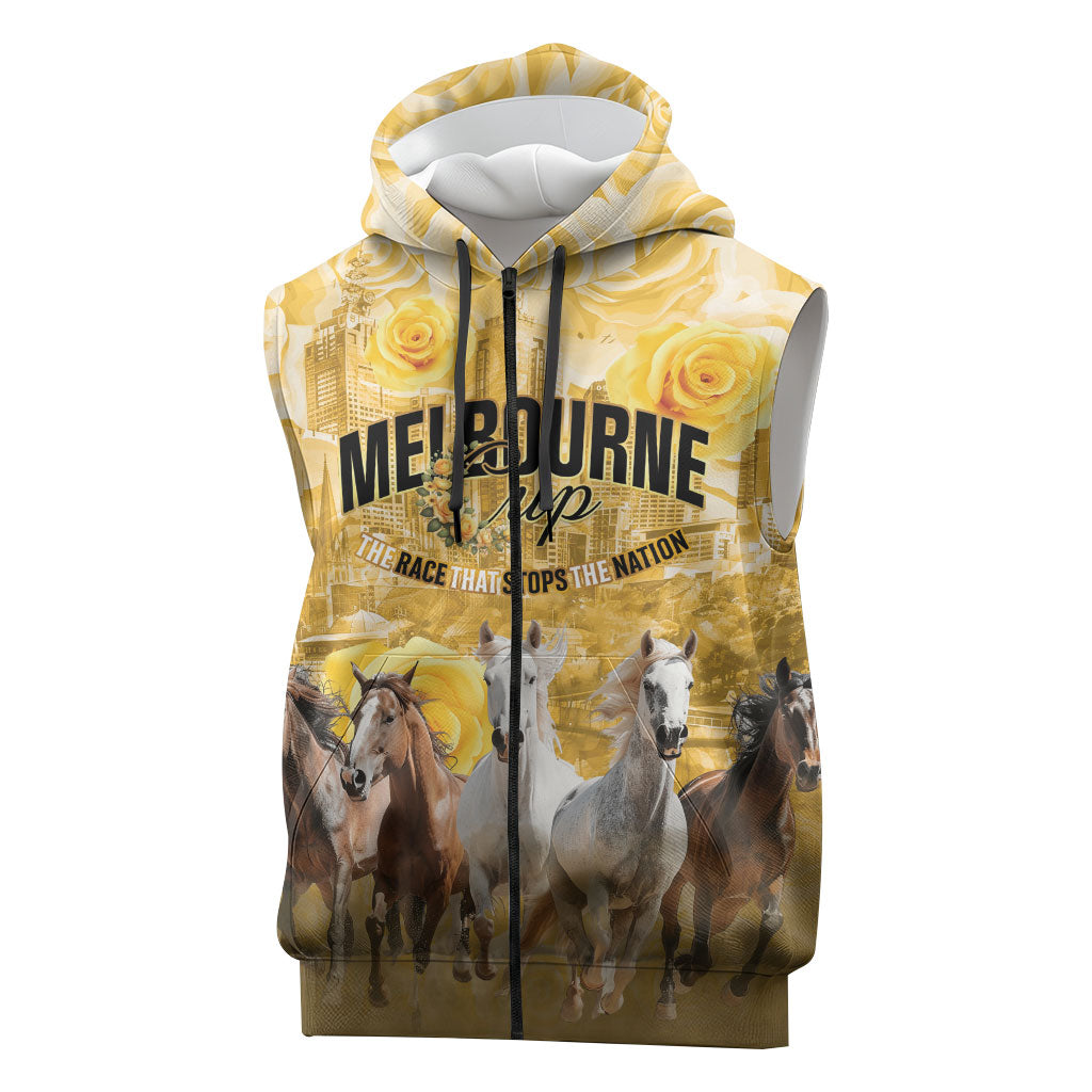 Personalised Melbourne 2026 Cup Sleeveless Zip Hoodie Yellow Rose Horse Racing
