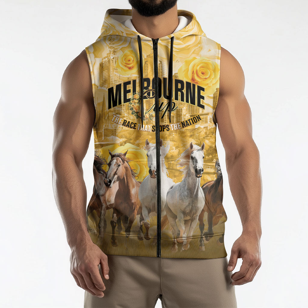 Personalised Melbourne 2026 Cup Sleeveless Zip Hoodie Yellow Rose Horse Racing