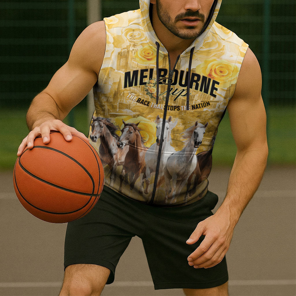 Personalised Melbourne 2026 Cup Sleeveless Zip Hoodie Yellow Rose Horse Racing