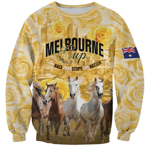 Personalised Melbourne 2026 Cup Sweatshirt Yellow Rose Horse Racing