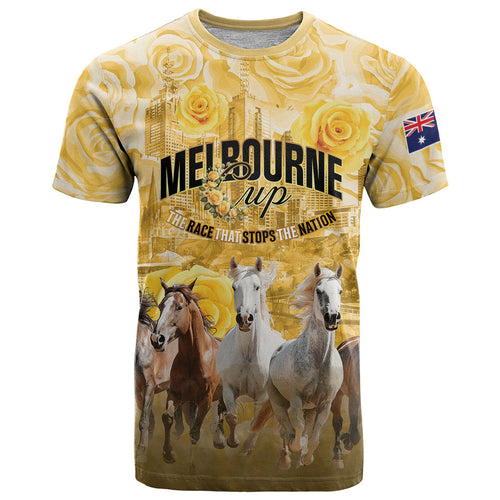 Personalised Melbourne 2026 Cup T Shirt Yellow Rose Horse Racing