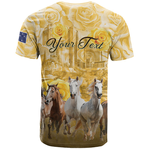 Personalised Melbourne 2026 Cup T Shirt Yellow Rose Horse Racing