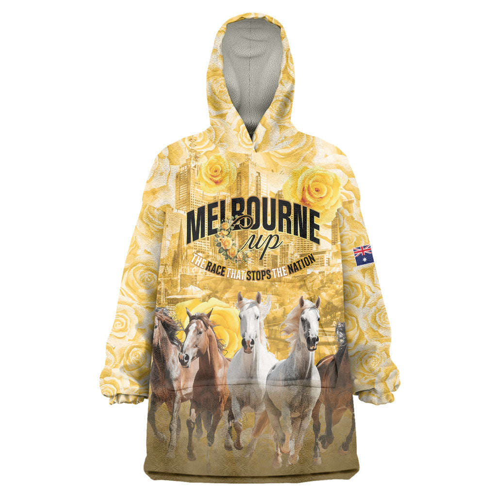 Personalised Melbourne 2026 Cup Wearable Blanket Hoodie Yellow Rose Horse Racing