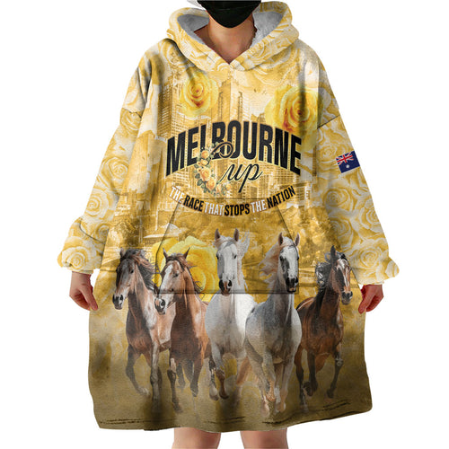 Personalised Melbourne 2026 Cup Wearable Blanket Hoodie Yellow Rose Horse Racing