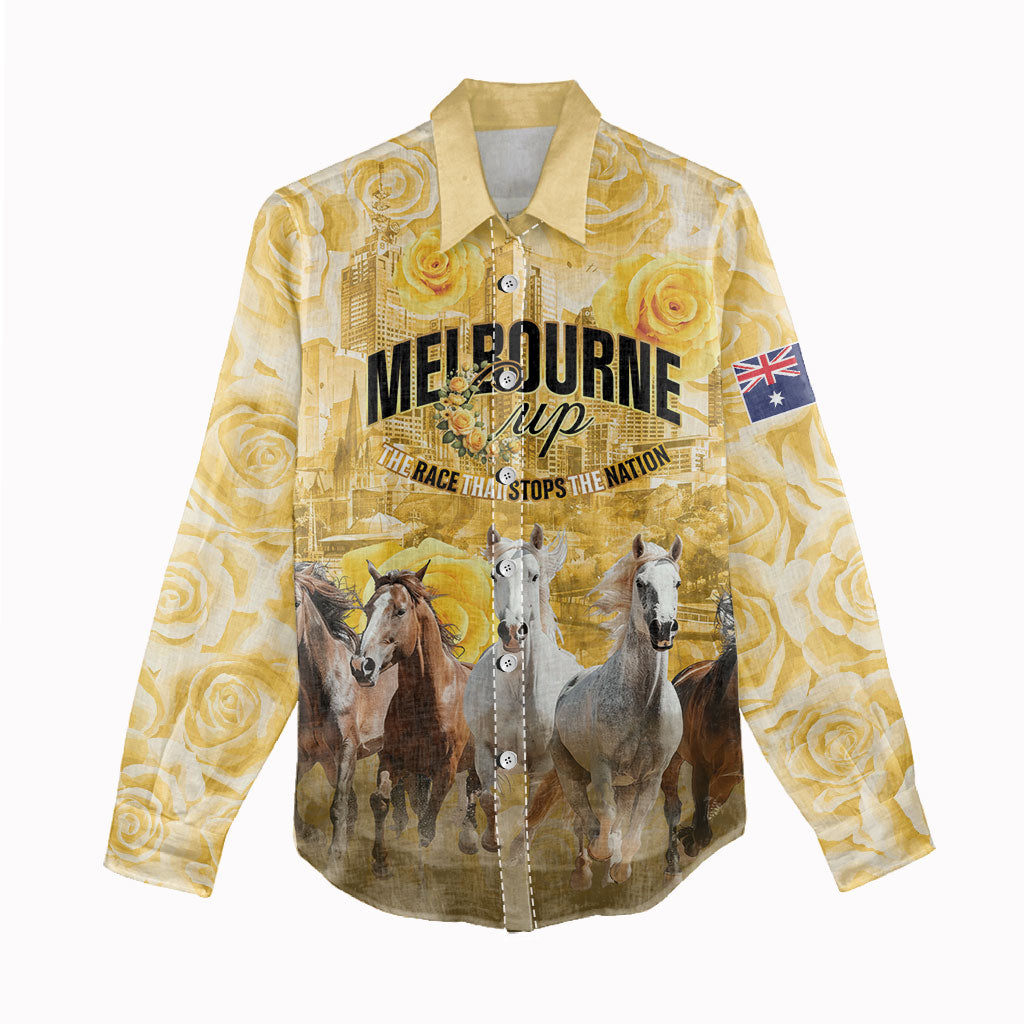 Personalised Melbourne 2026 Cup Women Casual Shirt Yellow Rose Horse Racing