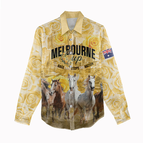 Personalised Melbourne 2026 Cup Women Casual Shirt Yellow Rose Horse Racing