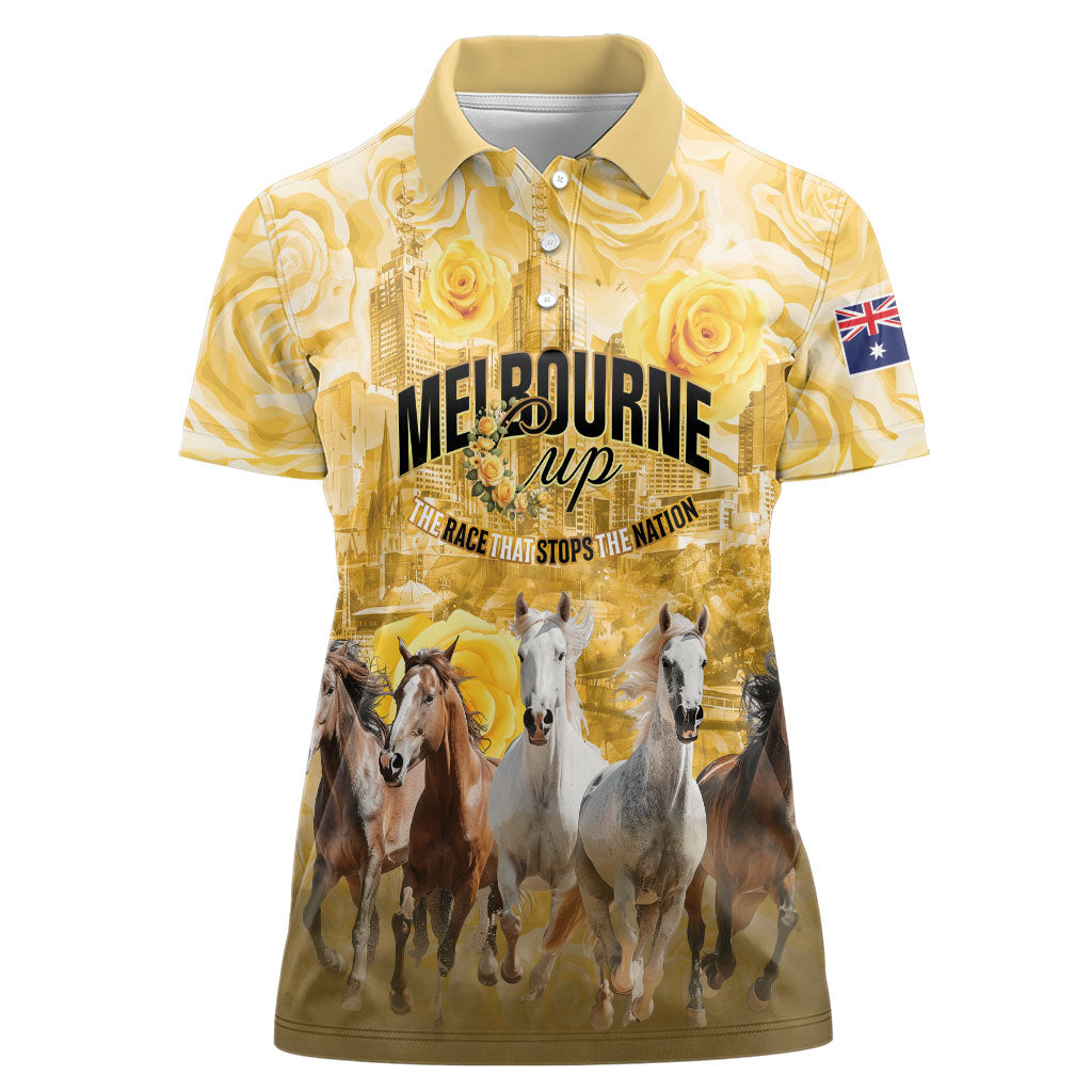 Personalised Melbourne 2026 Cup Women Polo Shirt Yellow Rose Horse Racing
