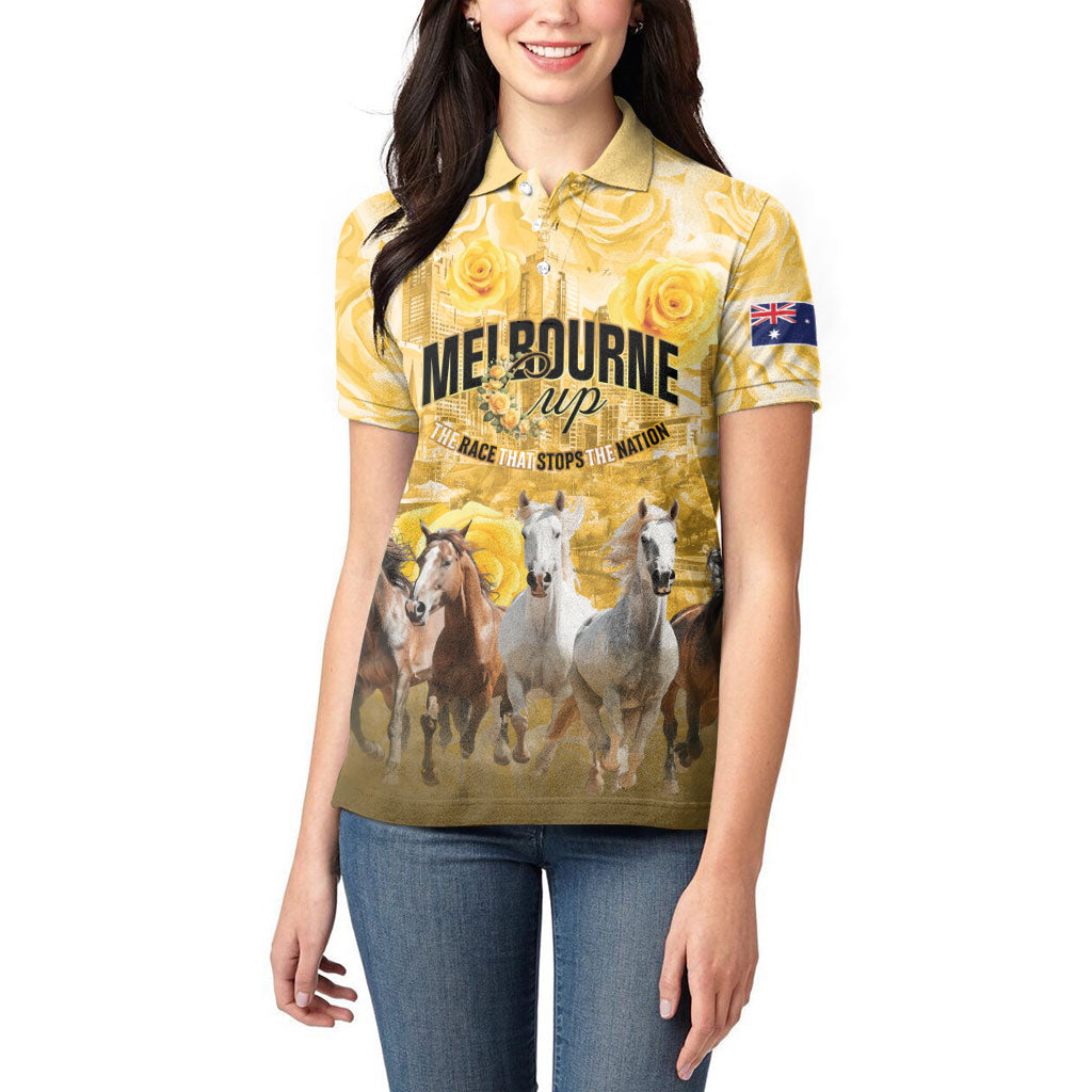 Personalised Melbourne 2026 Cup Women Polo Shirt Yellow Rose Horse Racing