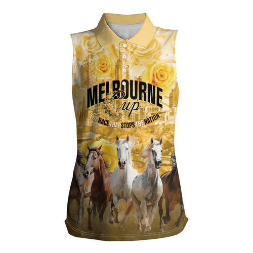 Personalised Melbourne 2026 Cup Women Sleeveless Polo Shirt Yellow Rose Horse Racing