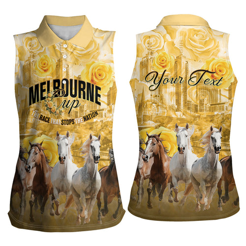 Personalised Melbourne 2026 Cup Women Sleeveless Polo Shirt Yellow Rose Horse Racing