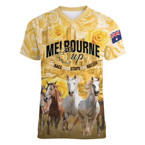 Personalised Melbourne 2026 Cup Women V-Neck T-Shirt Yellow Rose Horse Racing