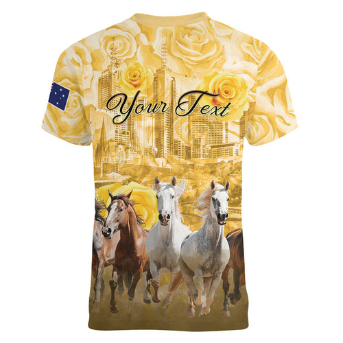 Personalised Melbourne 2026 Cup Women V-Neck T-Shirt Yellow Rose Horse Racing
