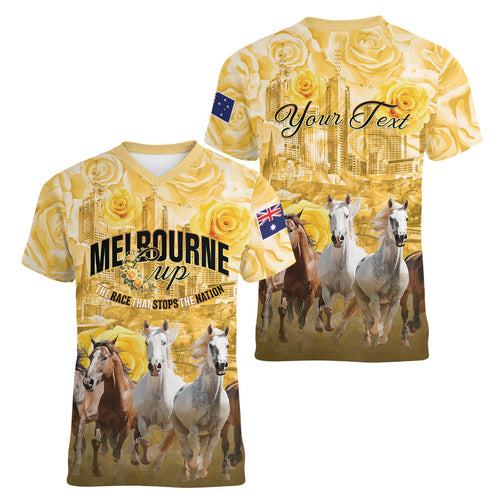 Personalised Melbourne 2026 Cup Women V-Neck T-Shirt Yellow Rose Horse Racing