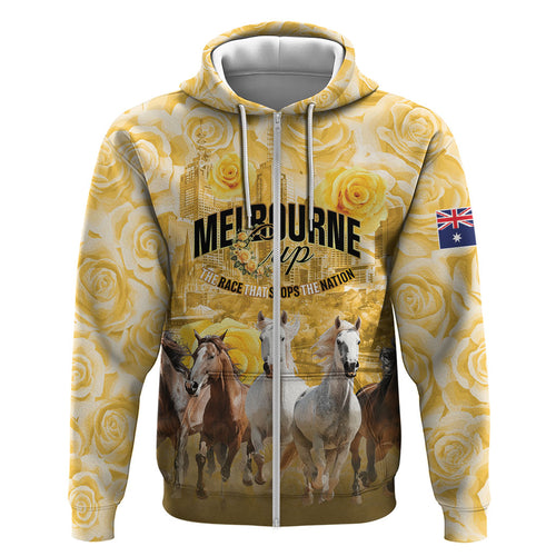 Personalised Melbourne 2026 Cup Zip Hoodie Yellow Rose Horse Racing
