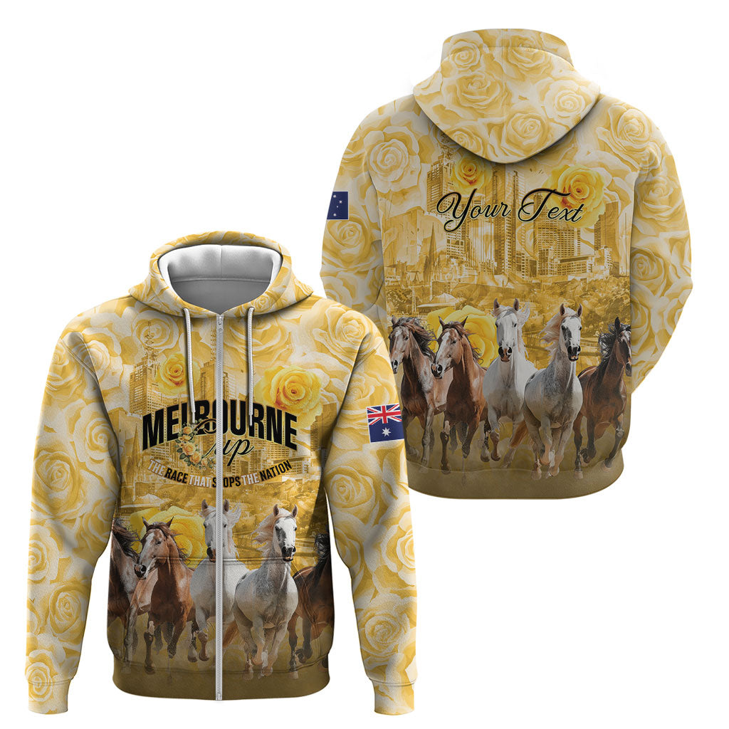 Personalised Melbourne 2026 Cup Zip Hoodie Yellow Rose Horse Racing