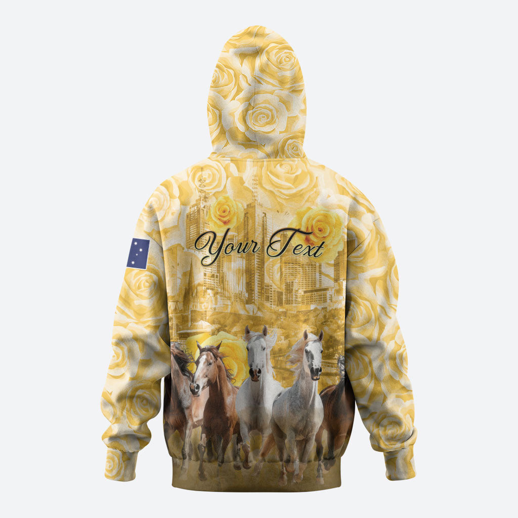 Personalised Melbourne 2026 Cup Zip Hoodie Yellow Rose Horse Racing