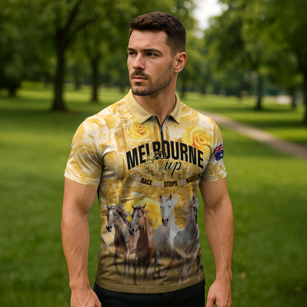 Personalised Melbourne 2026 Cup Zipper Polo Shirt Yellow Rose Horse Racing