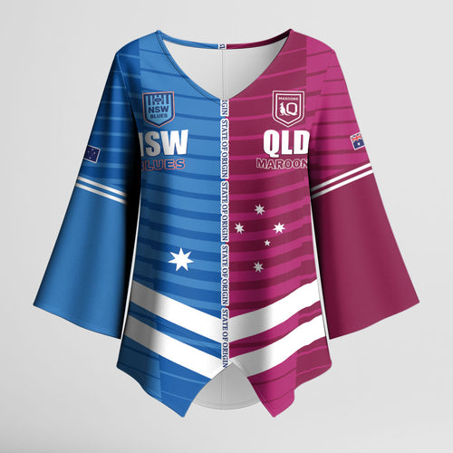NSW Blues and QLD Maroons Rugby Custom Kimono Sleeve Blouse 2026 State of Origin