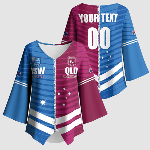 NSW Blues and QLD Maroons Rugby Custom Kimono Sleeve Blouse 2026 State of Origin