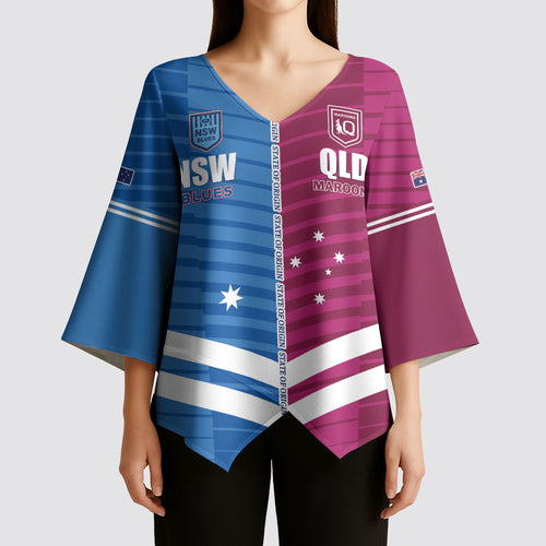 NSW Blues and QLD Maroons Rugby Custom Kimono Sleeve Blouse 2026 State of Origin