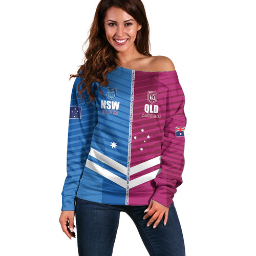 NSW Blues and QLD Maroons Rugby Custom Off Shoulder Sweater 2026 State of Origin