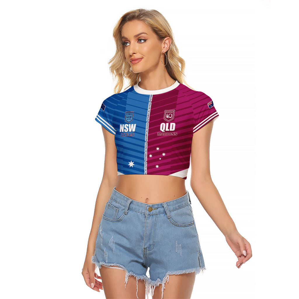 NSW Blues and QLD Maroons Rugby Custom Raglan Cropped T Shirt 2026 State of Origin