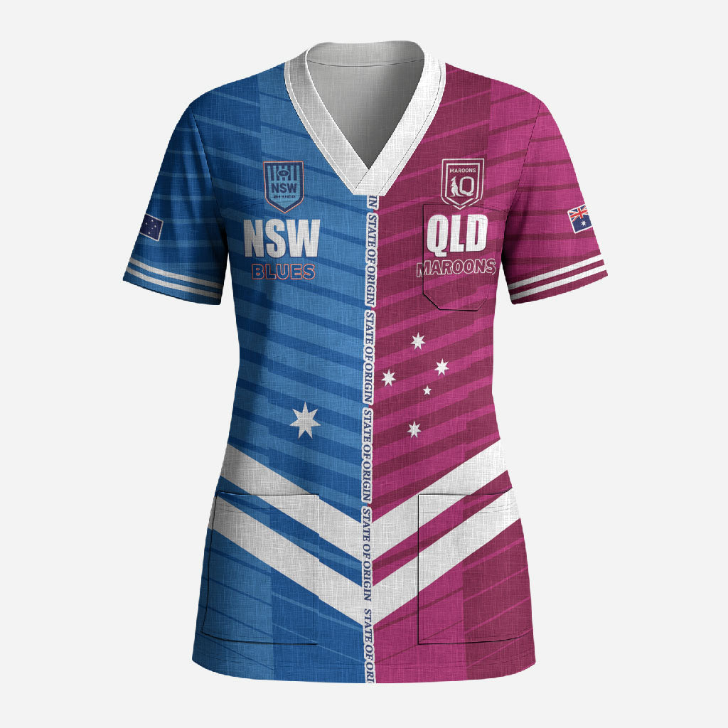 NSW Blues and QLD Maroons Rugby Custom Scrub Top 2026 State of Origin