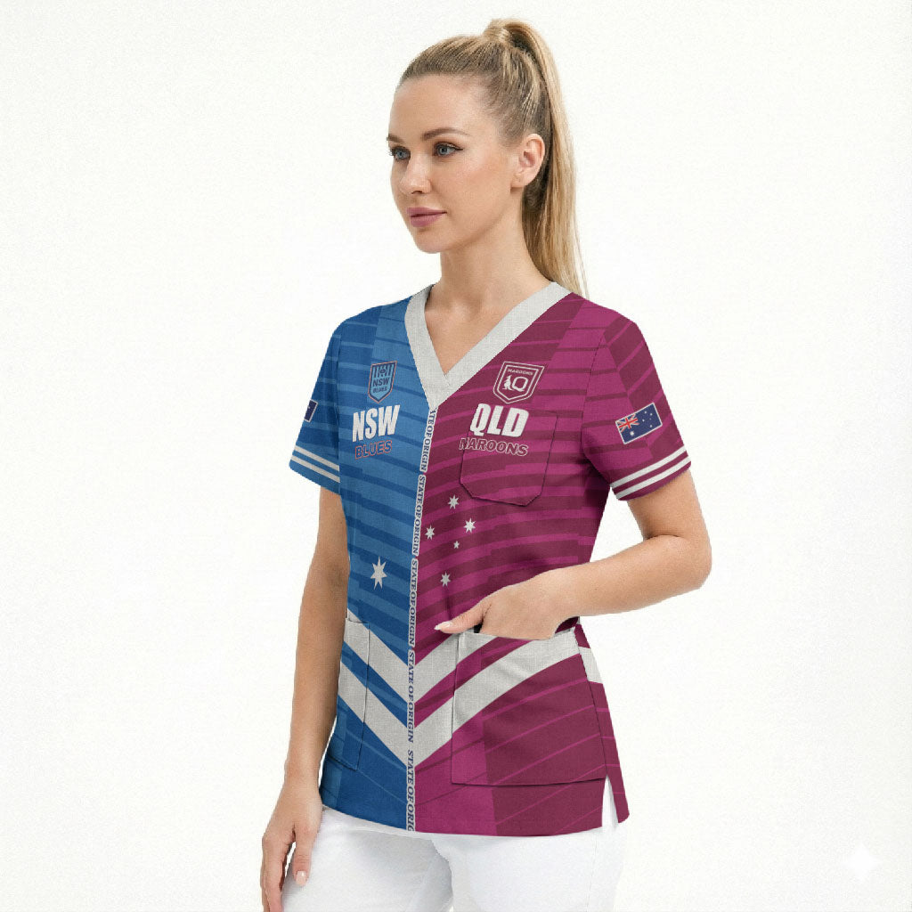 NSW Blues and QLD Maroons Rugby Custom Scrub Top 2026 State of Origin