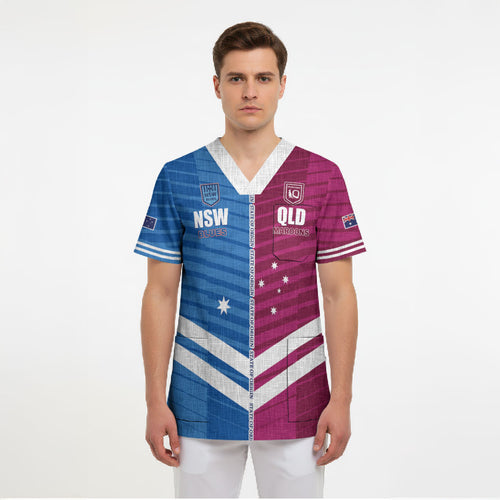 NSW Blues and QLD Maroons Rugby Custom Scrub Top 2026 State of Origin