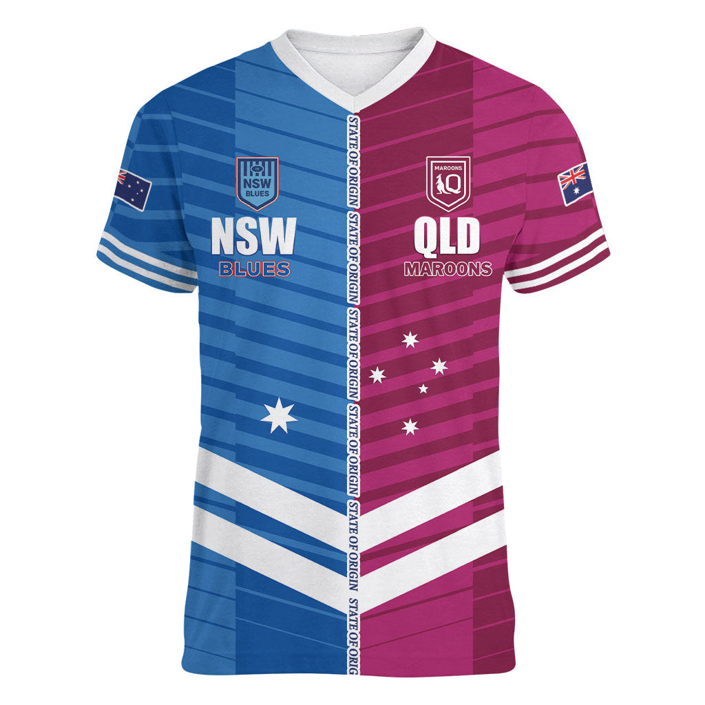NSW Blues and QLD Maroons Rugby Custom Women V-Neck T-Shirt 2026 State of Origin