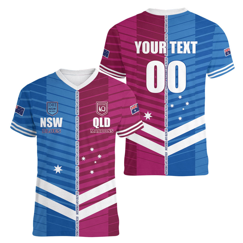 NSW Blues and QLD Maroons Rugby Custom Women V-Neck T-Shirt 2026 State of Origin