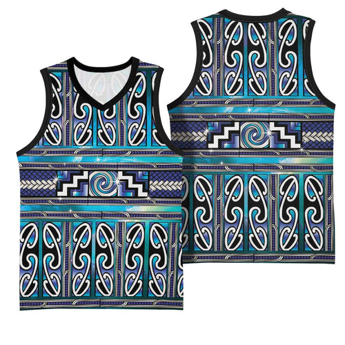 Maori Matariki Basketball Jersey Blue Galaxy Aesthetic Koru Art