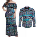 Maori Matariki Couples Matching Off Shoulder Maxi Dress and Long Sleeve Button Shirt Blue Galaxy Aesthetic Koru Art