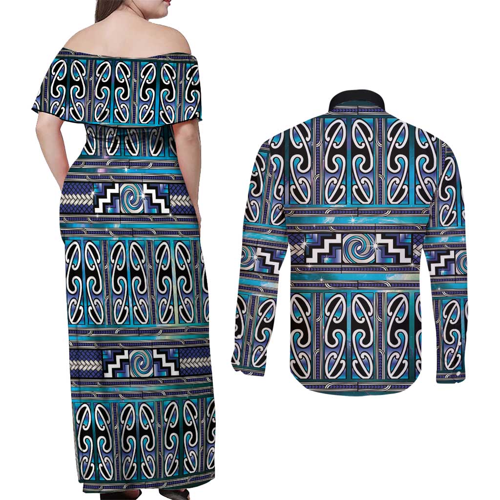 Maori Matariki Couples Matching Off Shoulder Maxi Dress and Long Sleeve Button Shirt Blue Galaxy Aesthetic Koru Art