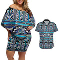 Maori Matariki Couples Matching Off Shoulder Short Dress and Hawaiian Shirt Blue Galaxy Aesthetic Koru Art