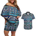 Maori Matariki Couples Matching Off Shoulder Short Dress and Hawaiian Shirt Blue Galaxy Aesthetic Koru Art